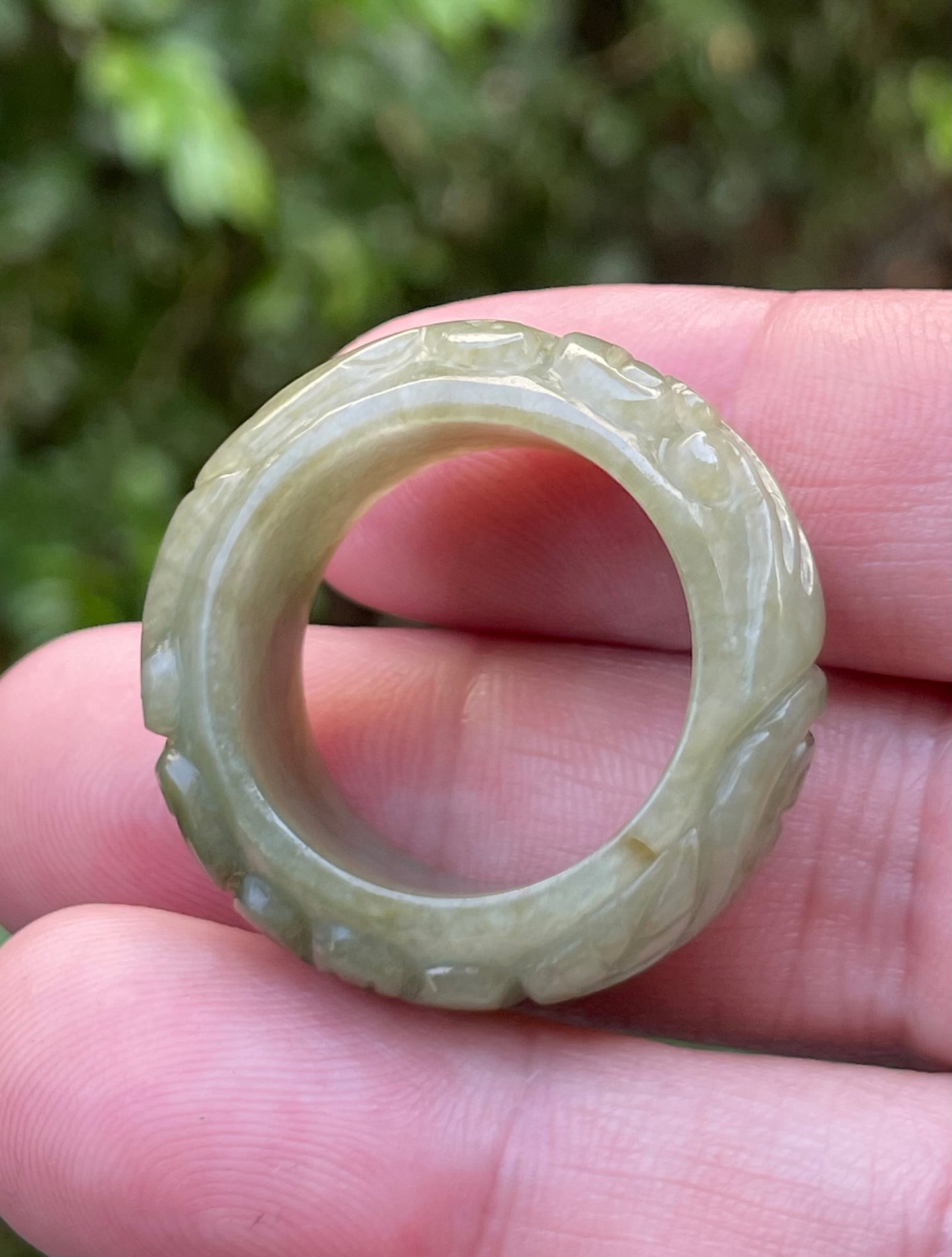 Natural Burmese Jadeite Jade Ring – Mossy Green – Floral Swirl Motif – Wide Thumb/Band Style – JRN030
