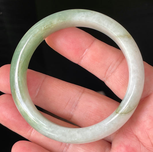 Natural Grade A Burmese Jadeite Jade Bangle – Icy Milky White & Apple Green – 56.6mm – JB151