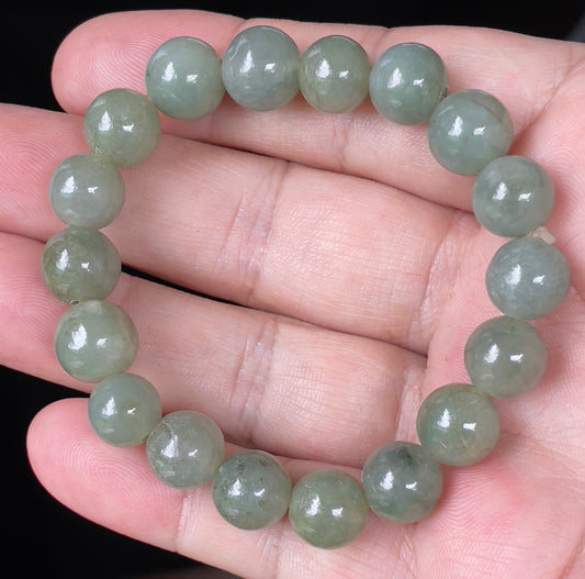 Natural Burmese Jadeite Jade Beaded Bracelet – Icy Apple Green – Hand-Shaped Round Beads – 10.3mm – JBB132