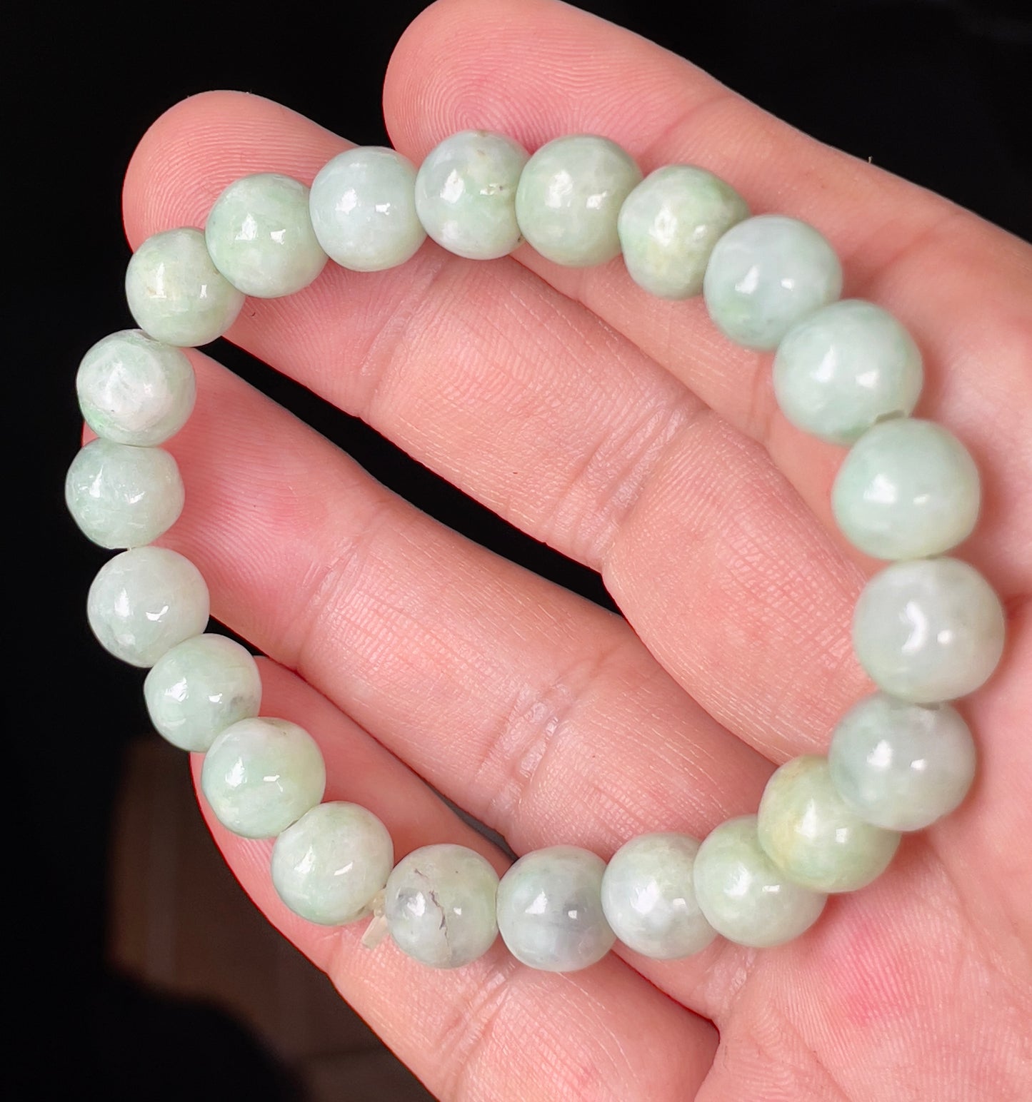 Natural Burmese Jadeite Jade Beaded Bracelet – Icy Apple Green & Milky White – Hand-Shaped Round Beads – 9.5mm – JBB135
