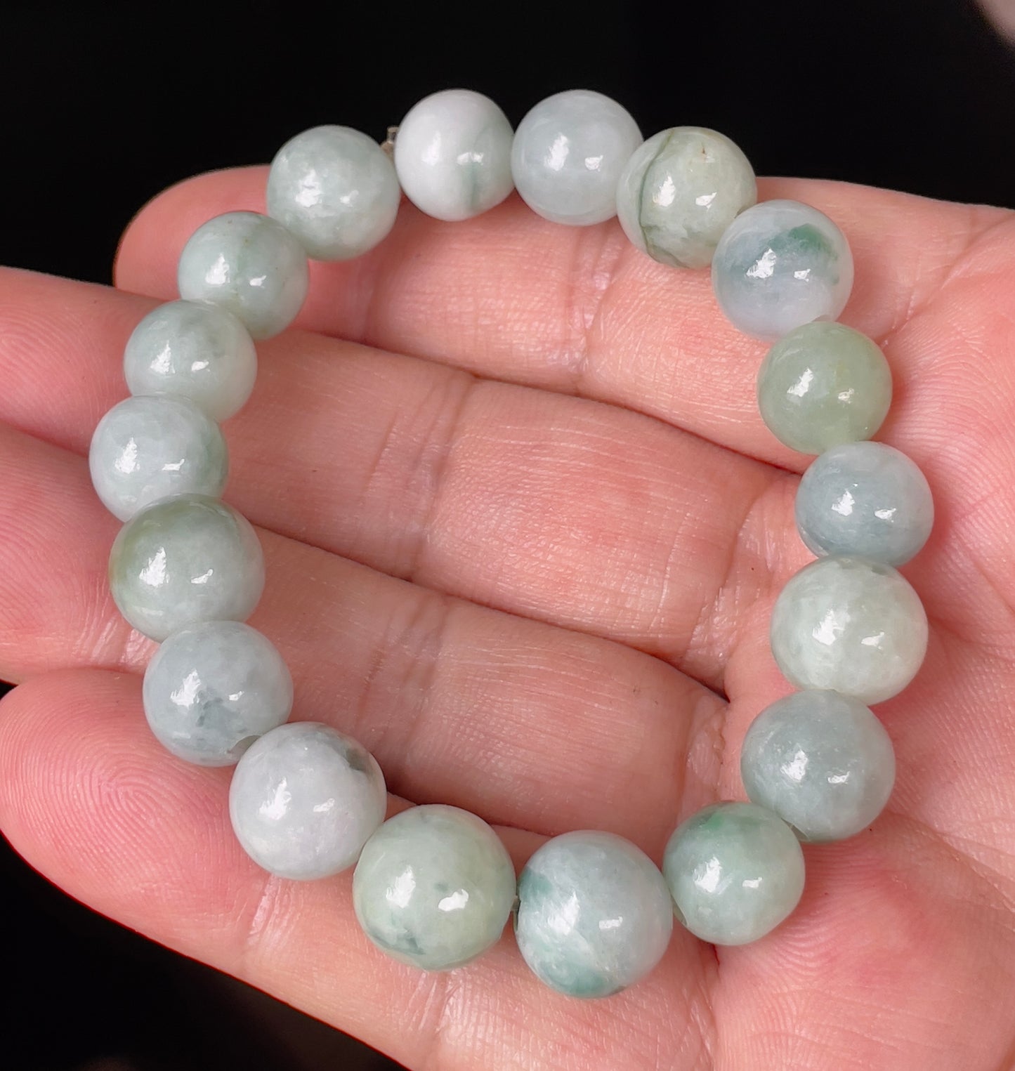 Natural Burmese Jadeite Jade Beaded Bracelet – Imperial Green, Apple Green & Milky White – Hand-Shaped Round Beads – 10.6mm – JBB143