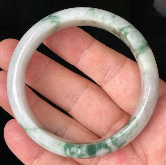 Natural Grade A Certified Burmese Jadeite Jade Bangle – Icy Greyish Milky White & Imperial Green – 58.3mm – JB086