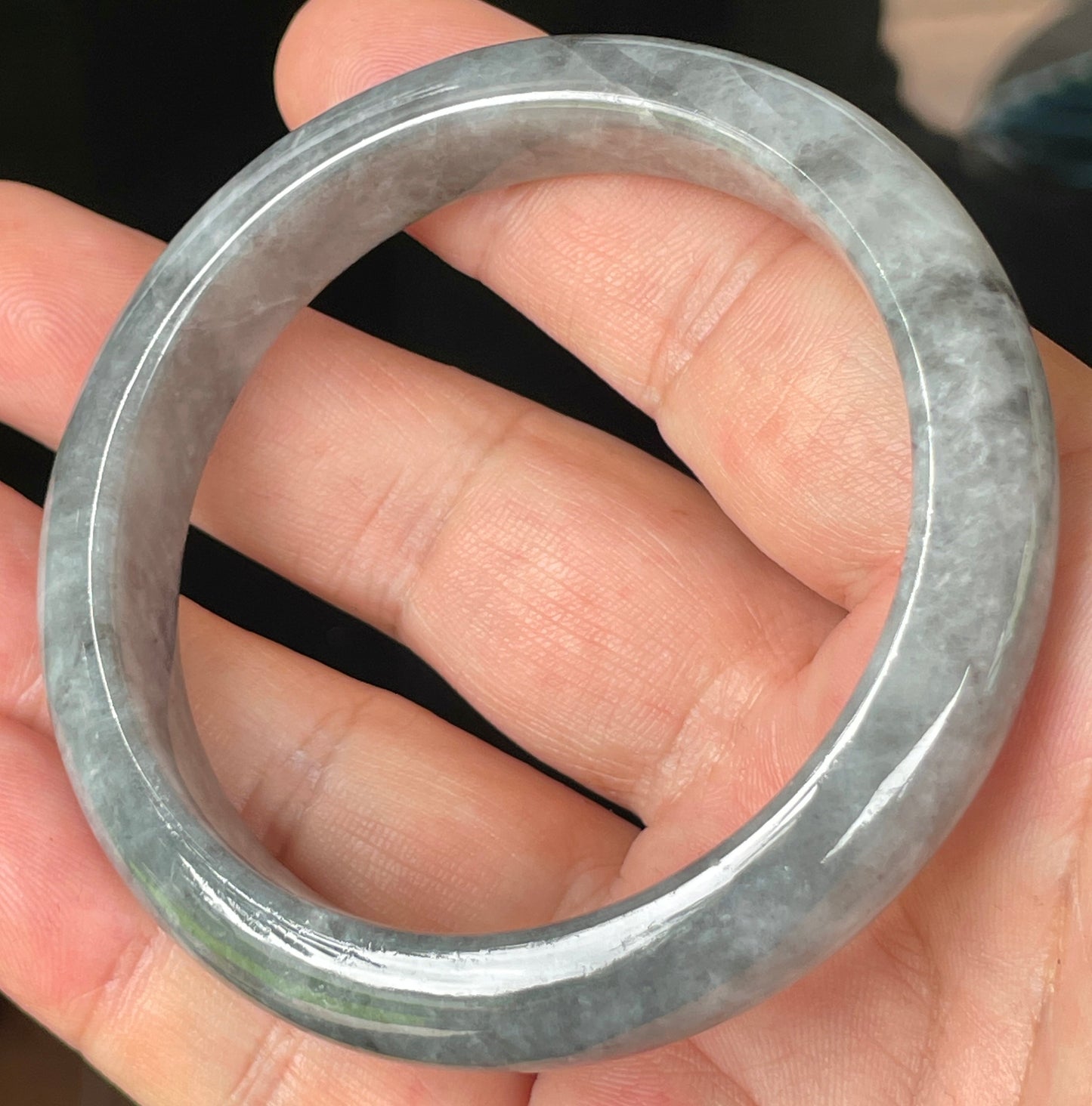 Natural Grade A Burmese Jadeite Jade Bangle – Icy Grey with Milky White and Honey Hues – 57mm – JB364