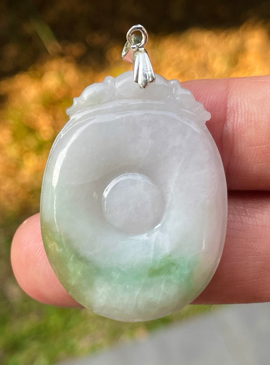Natural Burmese Jadeite Jade Pendant – White & Imperial Green – Hand-Carved Donut with Ruyi Head Motif – JP083