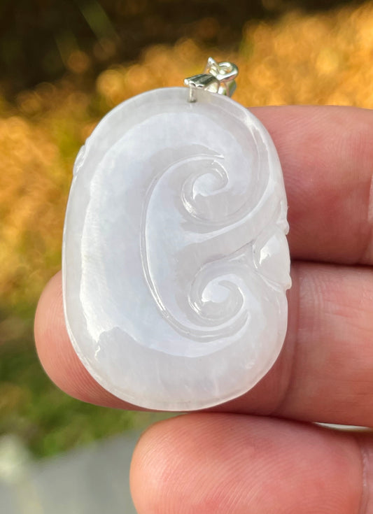 Natural Burmese Jadeite Jade Pendant – Milky White – Hand-Carved Ruyi Swirl Motif – JP085
