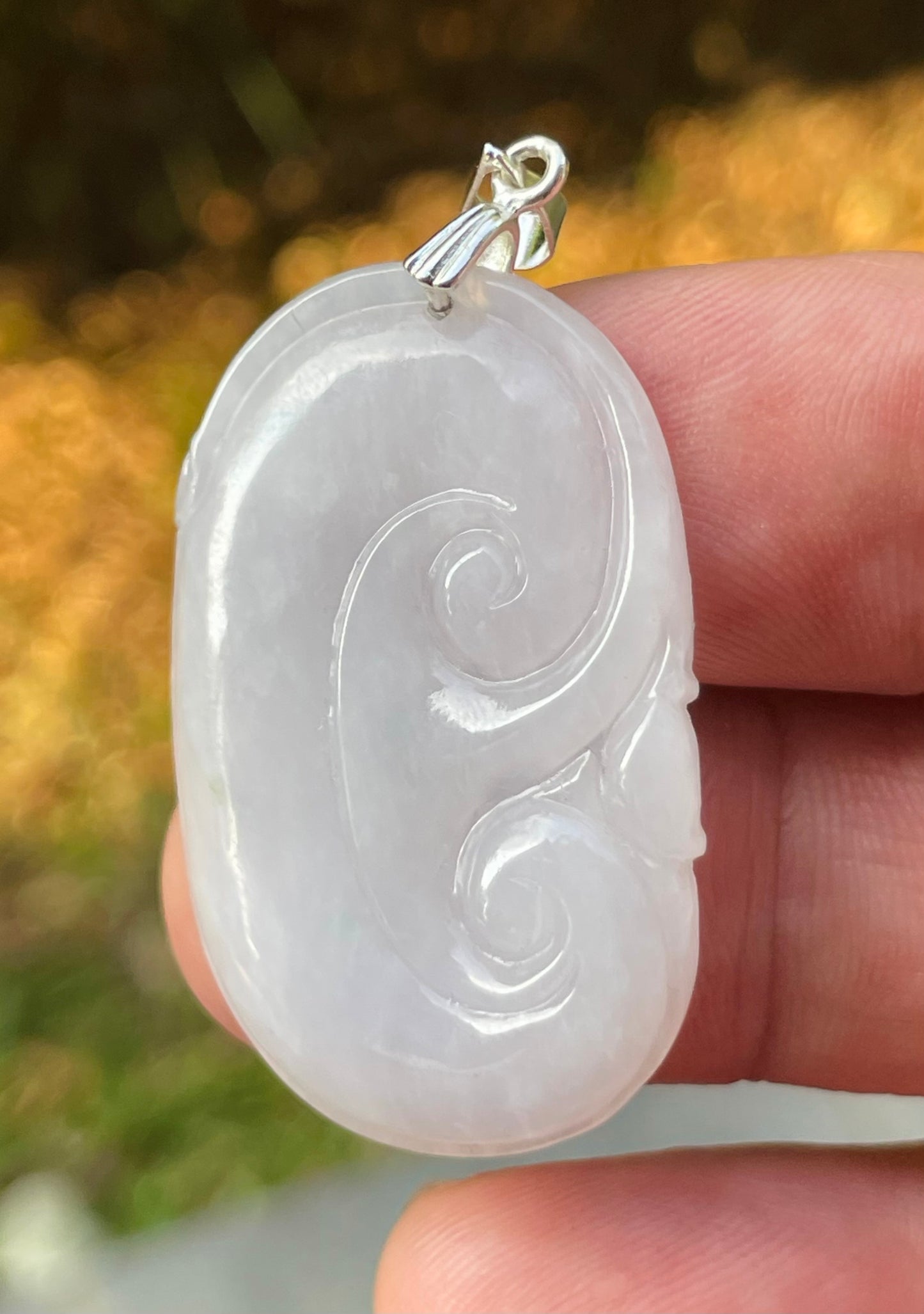 Natural Grade A Burmese Jadeite Jade Pendant – Milky White – Hand-Carved Ruyi Swirl Motif – JP085