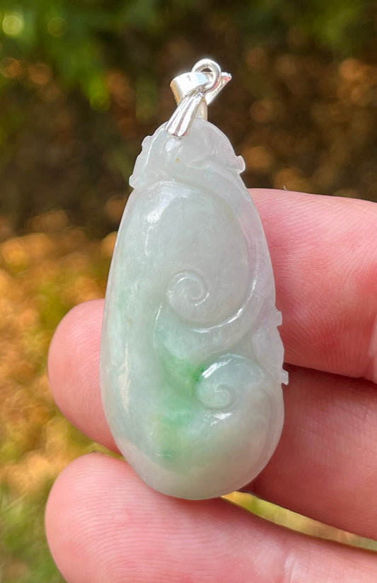 Natural Burmese Jadeite Jade Pendant – Milky White & Imperial Green – Hand-Carved Ruyi Swirl Motif – JP089