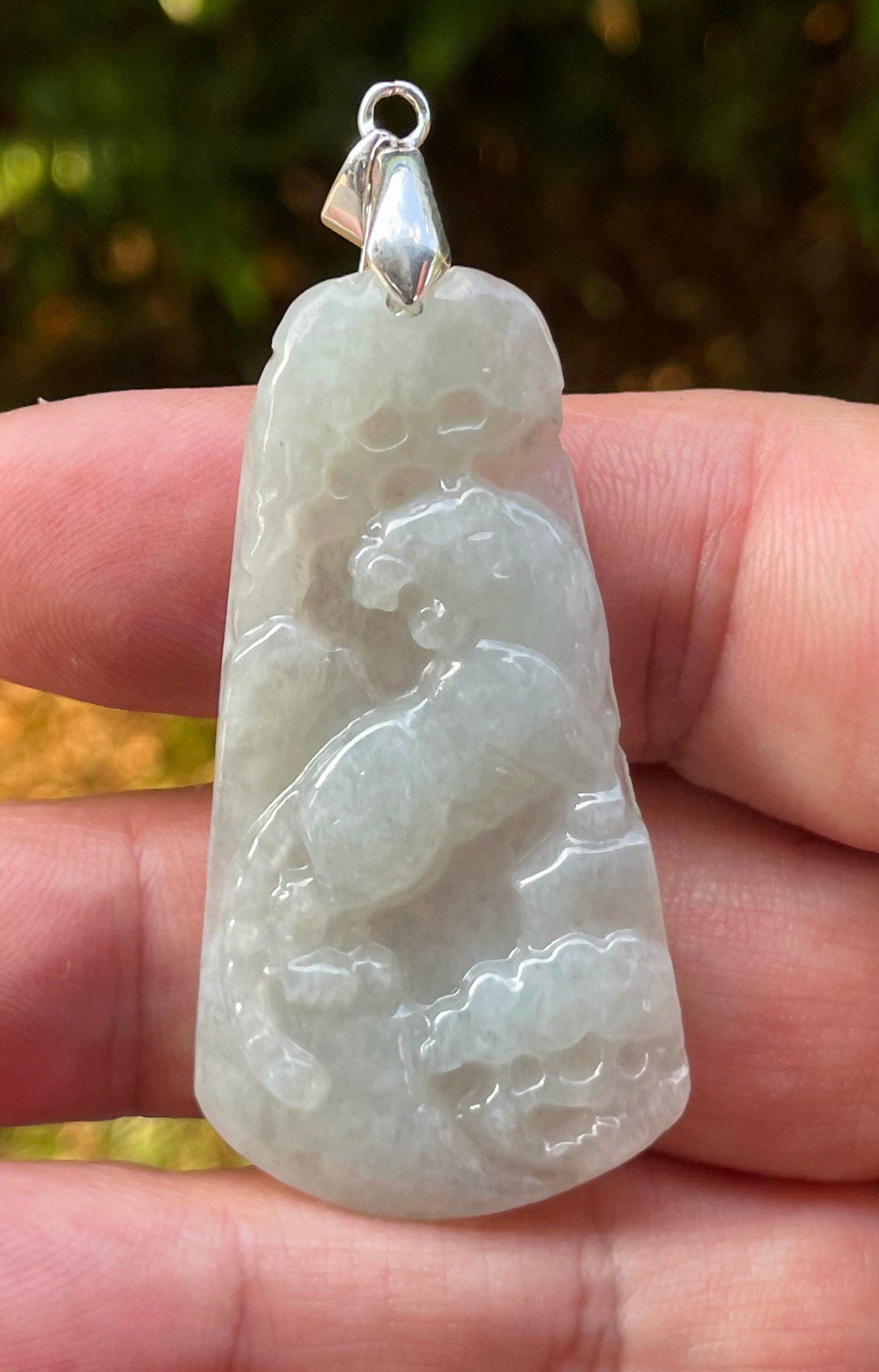 Natural Grade A Burmese Jadeite Jade Pendant – Milky White & Apple Green – Hand-Carved Lion Motif – JP090