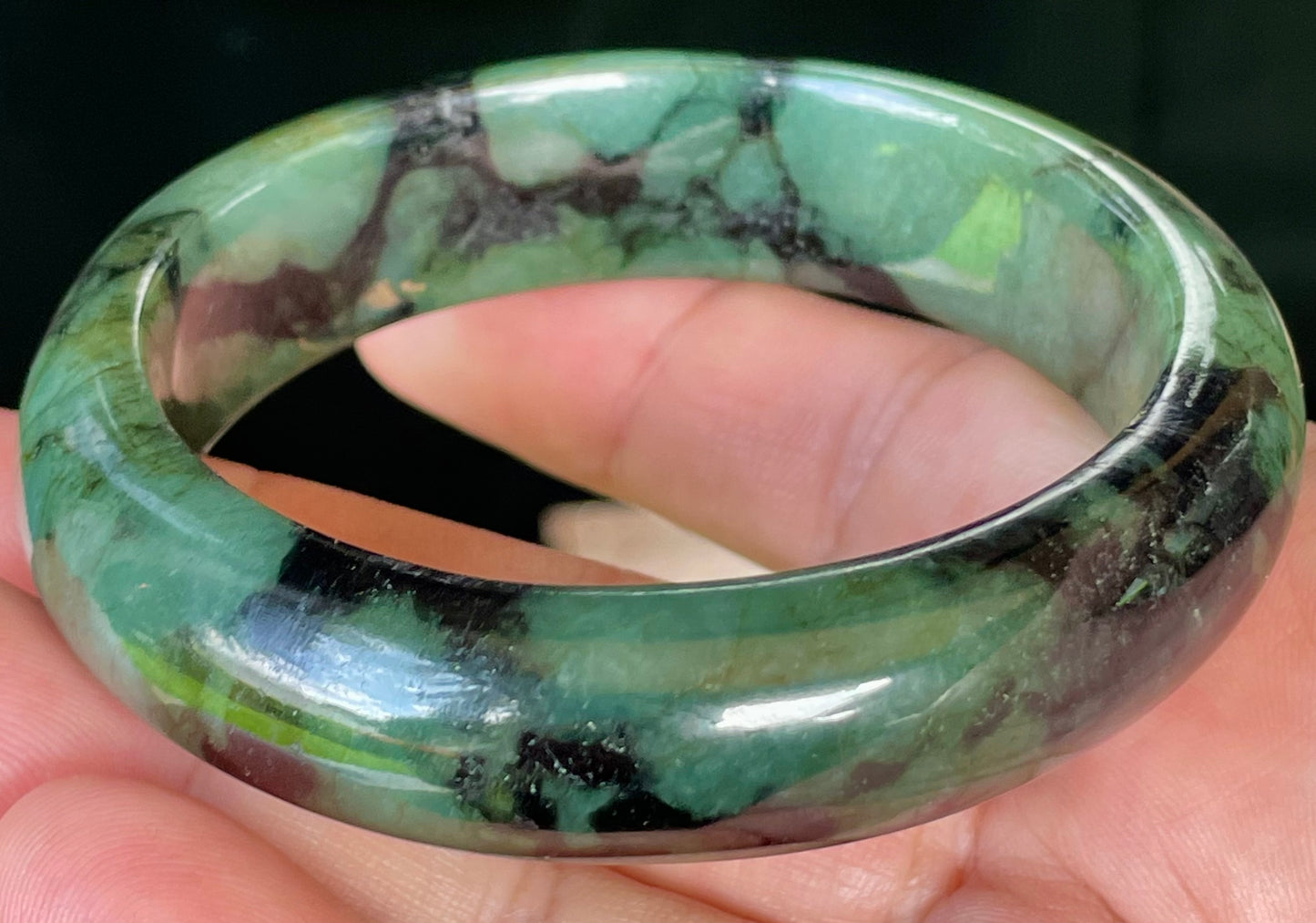 Natural Burmese Jadeite Jade Bangle – Icy Forest & Apple Green with Black Tones – 58mm – JB440