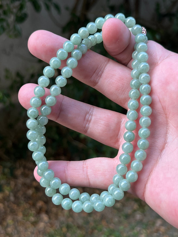 Continuous circle of perfectly round icy imperial and apple green genuine Grade A Burmese jadeite beads