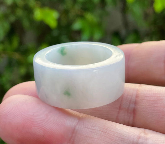 Solid icy milky white and imperial green natural Type A Burmese jade thumb ring band in size US 12
