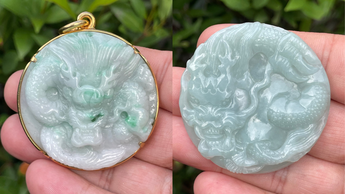 Intricately carved Type A jadeite dragon pendants from Harmony of Jade, featuring traditional Chinese dragon motifs in icy green and white jade.