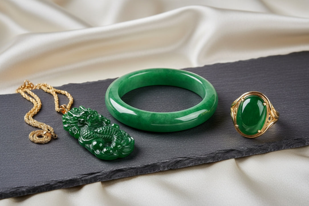 Harmony of Jade jewelry set featuring an authentic Grade A Burmese jadeite bangle, a green dragon pendant necklace, and a ring with gold settings, displayed on a dark slate board.