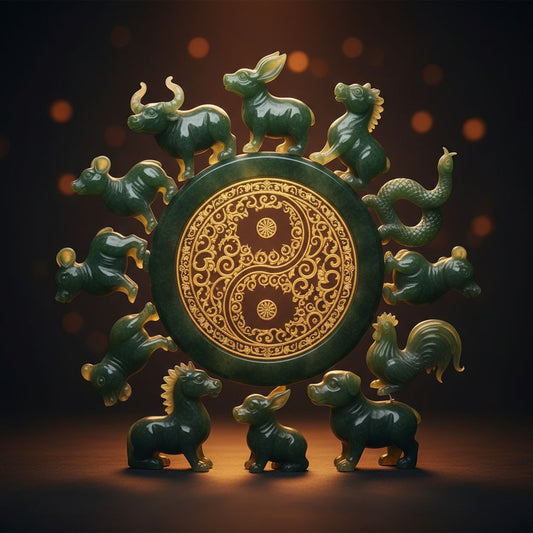 Twelve jade zodiac animal carvings arranged in a circle around a Yin-Yang symbol for jade zodiac guide