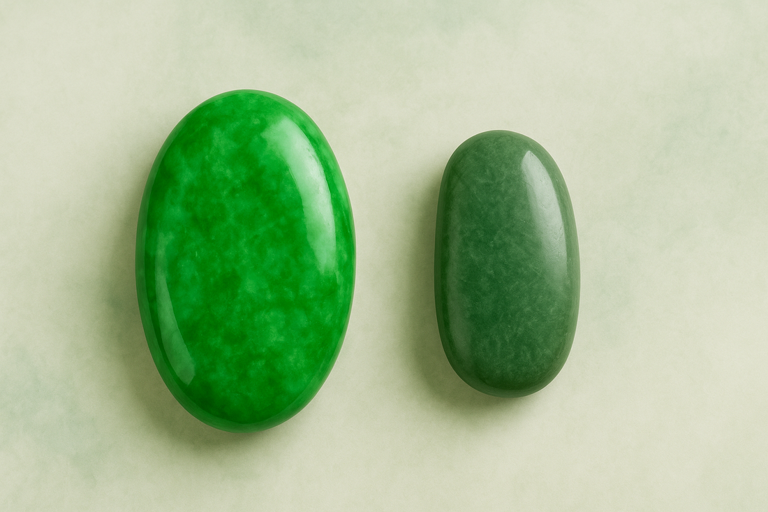 Two polished jade stones — a vibrant green Fei Cui jadeite and a darker nephrite jade — displayed side by side on a soft pale green background, illustrating the differences between jade types.