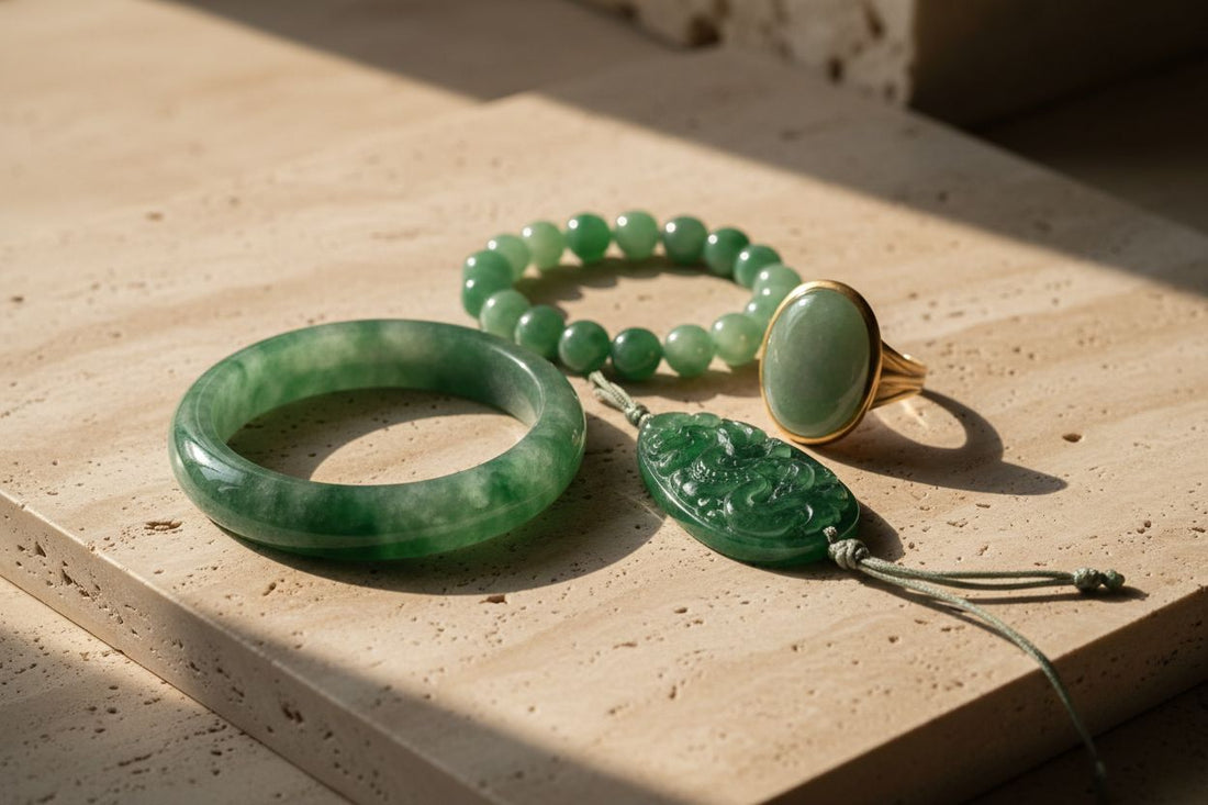 Authentic untreated Burmese Type A jade jewelry displayed for jade identification guide.