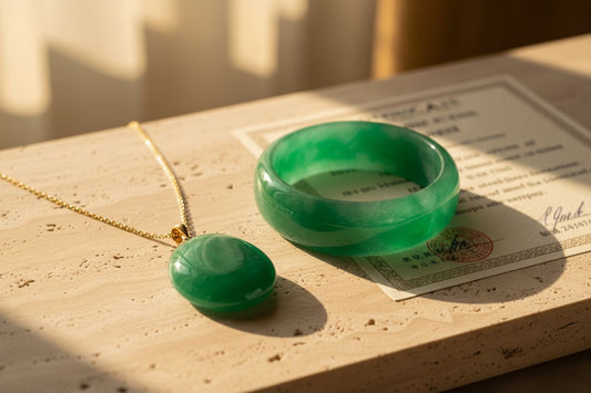 Certified natural Burmese Type A jade jewelry displayed with a gemological certificate.