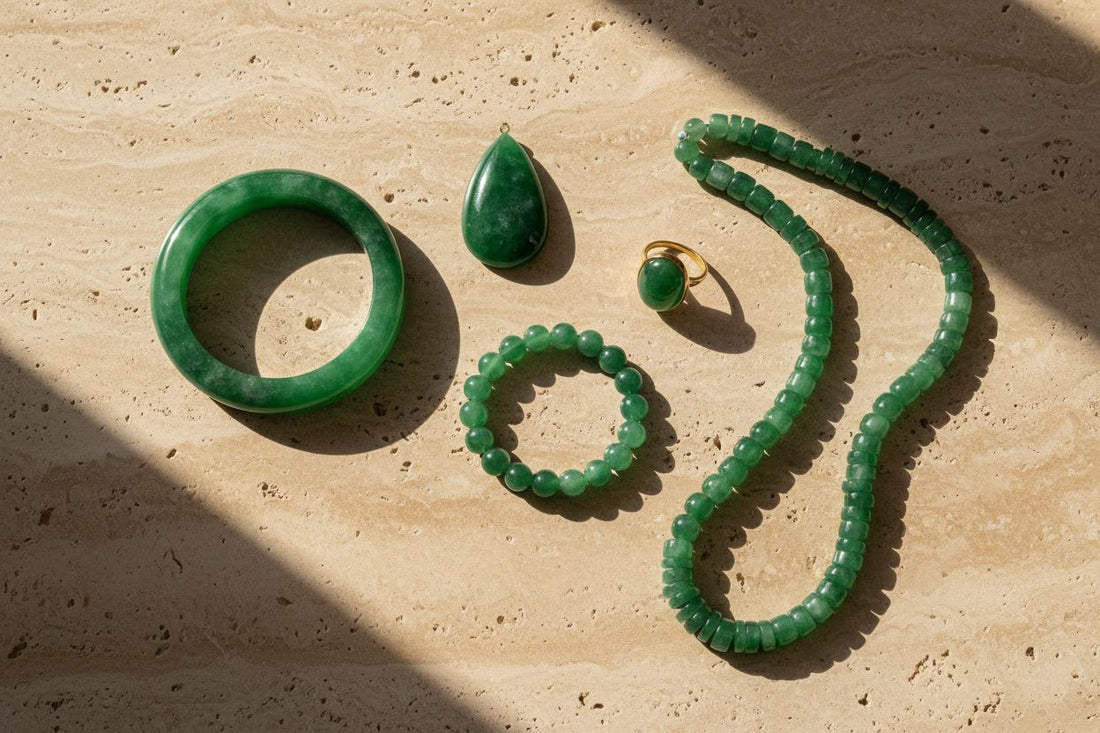 Luxury collection of authentic Burmese Type A jade bangles, pendants, rings, bracelets, and necklaces.