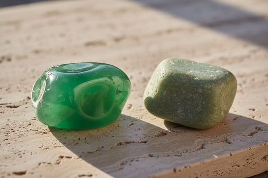 Comparison of authentic Burmese jadeite and natural nephrite jade showcasing differences in color, translucency, and texture.