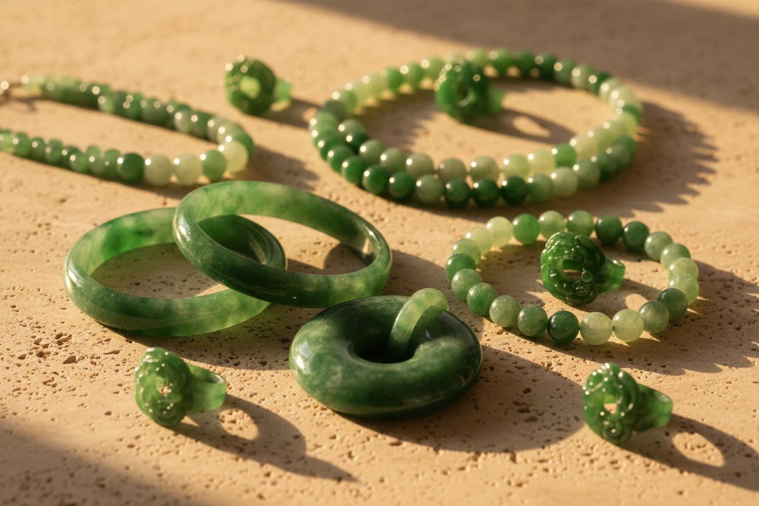 Authentic Burmese Type A jade jewelry including bangles, pendants, bracelets, necklaces, and rings displayed in a luxury jewelry showcase.
