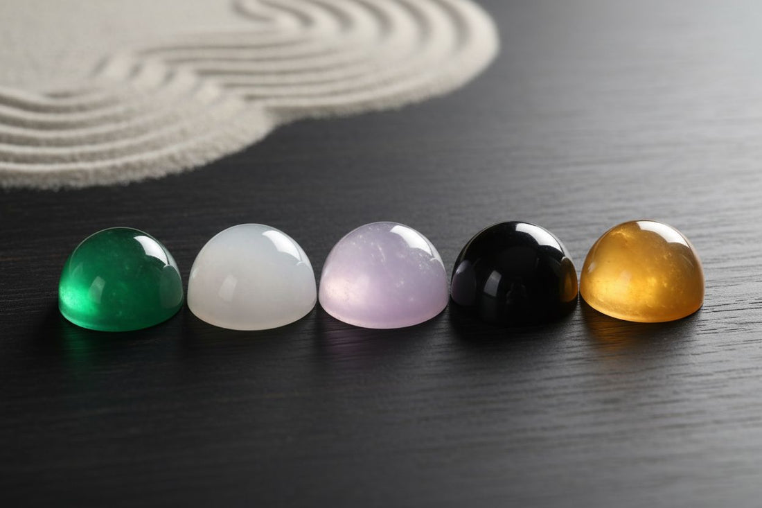 Five natural jade cabochons in green, white, lavender, black, and yellow representing different jade color meanings
