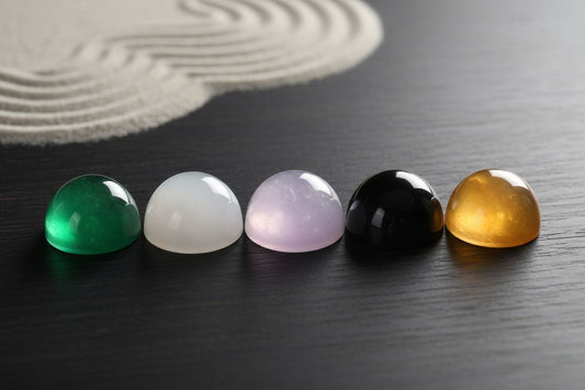 Five natural jade cabochons in green, white, lavender, black, and yellow representing different jade color meanings