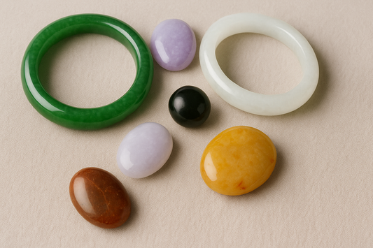 A realistic photograph of various jade pieces—including green and white bangles, and cabochons in lavender, black, yellow, and brown—arranged on a soft beige fabric to showcase the natural color variety of jade.