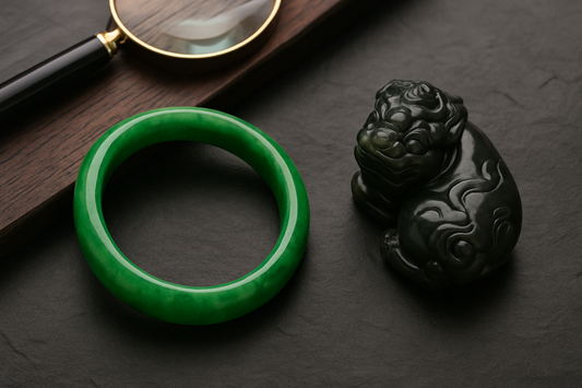 A vibrant green jadeite bangle and a dark nephrite jade carving of a mythical animal displayed on a slate surface with a magnifying glass and wooden tray, highlighting the visual differences between jadeite and nephrite.