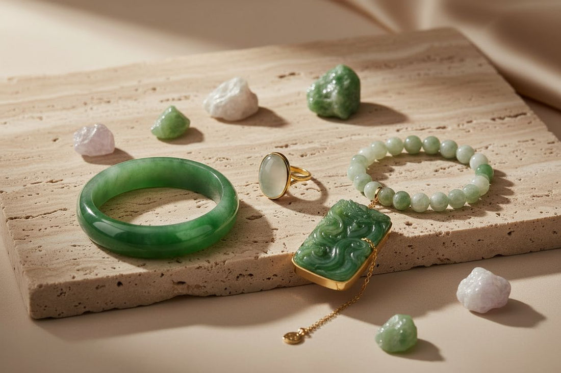 Authentic Natural Burmese Jade Jewelry including a jade bracelet, jade bangle, jade pendant, and jade ring displayed in elegant natural lighting.