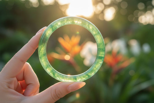 Checking real jade bangle against sunlight to see natural internal texture