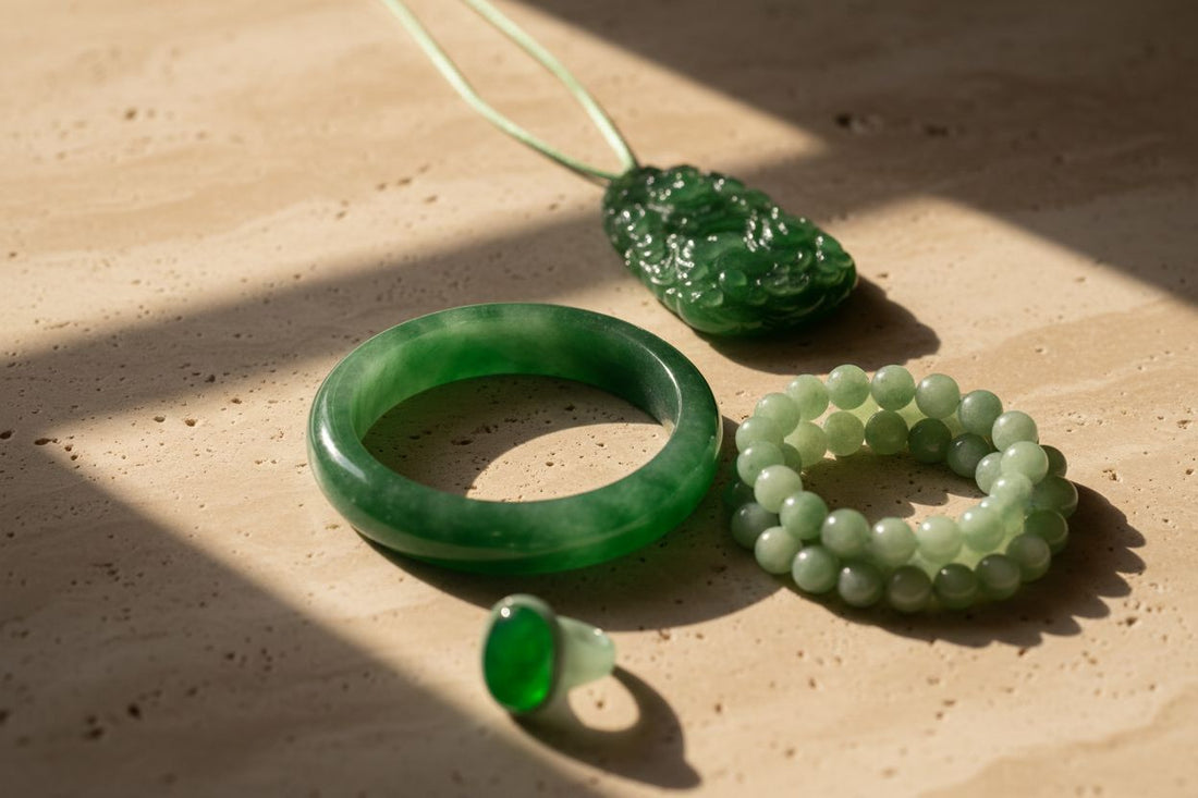 Authentic untreated Type A Burmese jade jewelry including bangles, bracelets, pendants and rings.