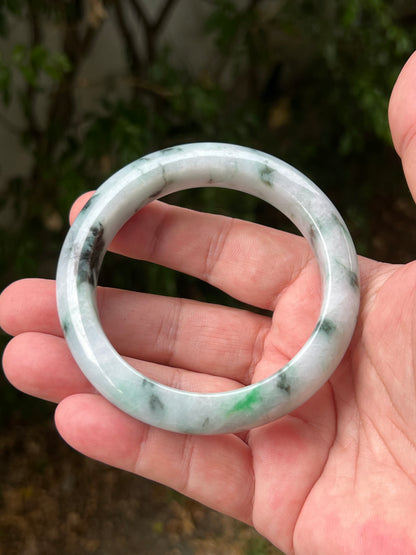 Certified Grade A Natural Burmese Jadeite Jade Bangle 62.7mm Icy White Moss in Snow Imperial and Moss Green Jade Bracelet JB1315