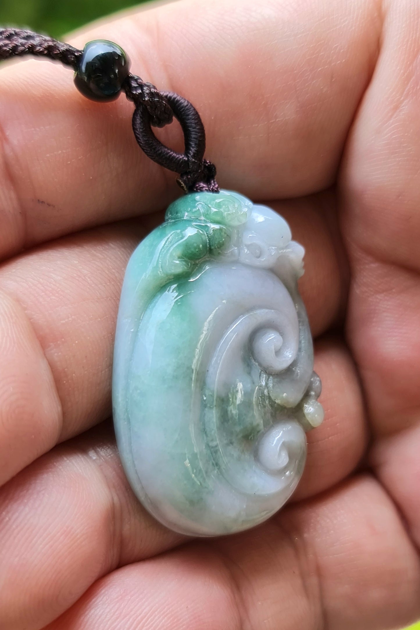 Natural Burmese Jadeite Jade Pendant – Green & White – Hand-Carved Ruyi Scroll Motif – Necklace Included – JP022