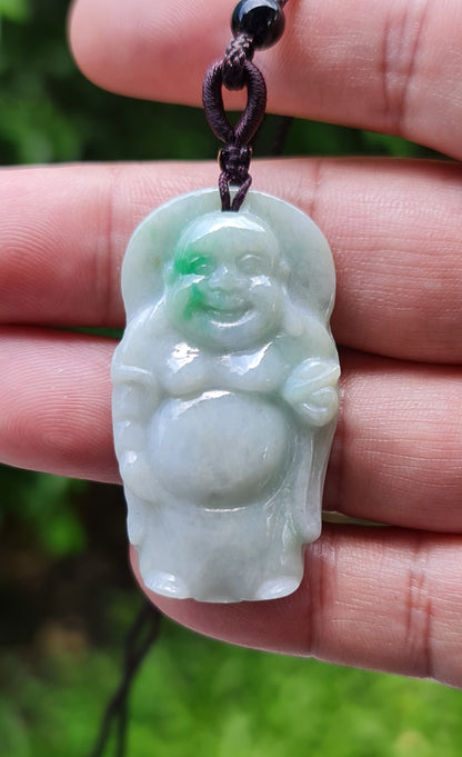 Natural Burmese Jadeite Jade Pendant – Icy Imperial Green – Hand-Carved Happy Buddha Motif – Necklace Included – JP026