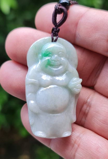 Natural Burmese Jadeite Jade Pendant – Icy Imperial Green – Hand-Carved Happy Buddha Motif – Necklace Included – JP026