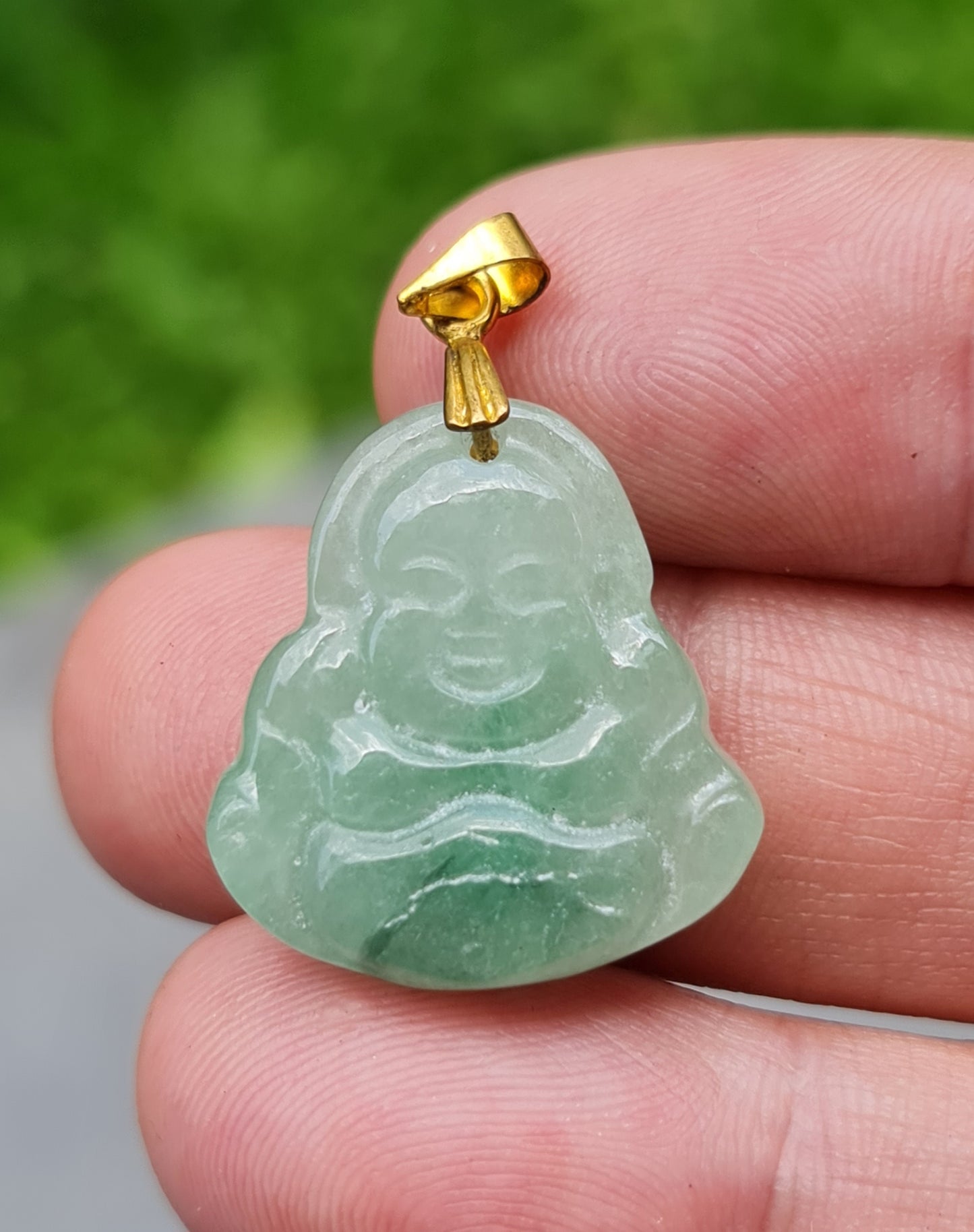 Natural Burmese Jadeite Jade Pendant – Icy Imperial Green – Hand-Carved Happy Buddha Motif – JHB001