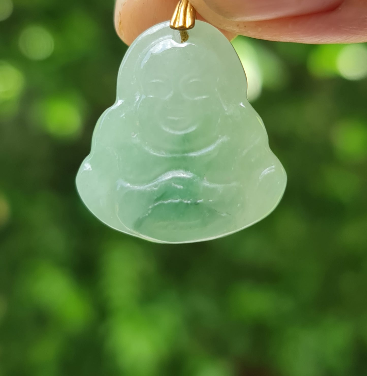 Natural Burmese Jadeite Jade Pendant – Icy Imperial Green – Hand-Carved Happy Buddha Motif – JHB001