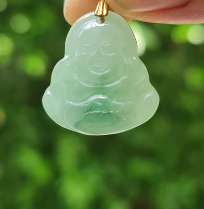 Natural Burmese Jadeite Jade Pendant – Icy Imperial Green – Hand-Carved Happy Buddha Motif – JHB001