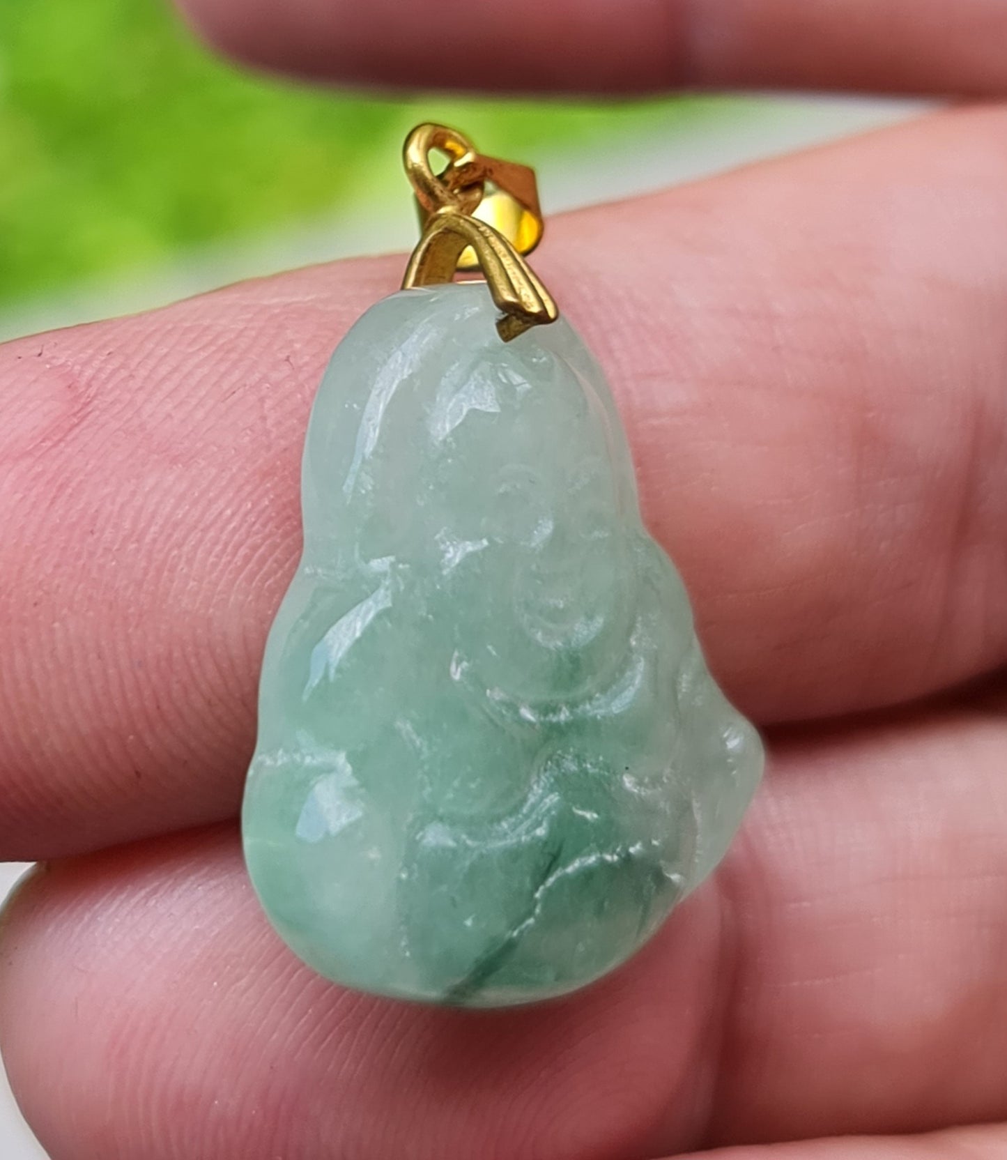 Natural Burmese Jadeite Jade Pendant – Icy Imperial Green – Hand-Carved Happy Buddha Motif – JHB001