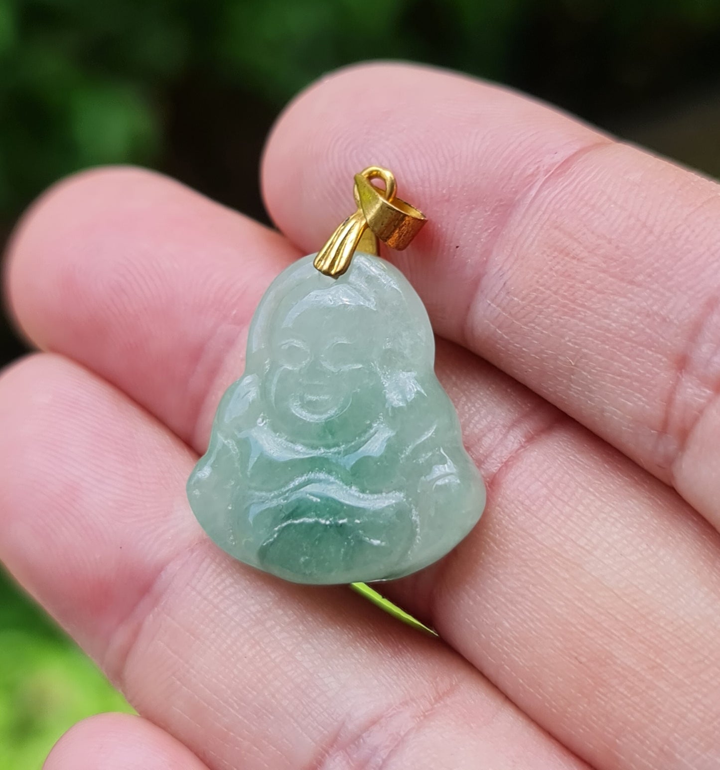 Natural Burmese Jadeite Jade Pendant – Icy Imperial Green – Hand-Carved Happy Buddha Motif – JHB001