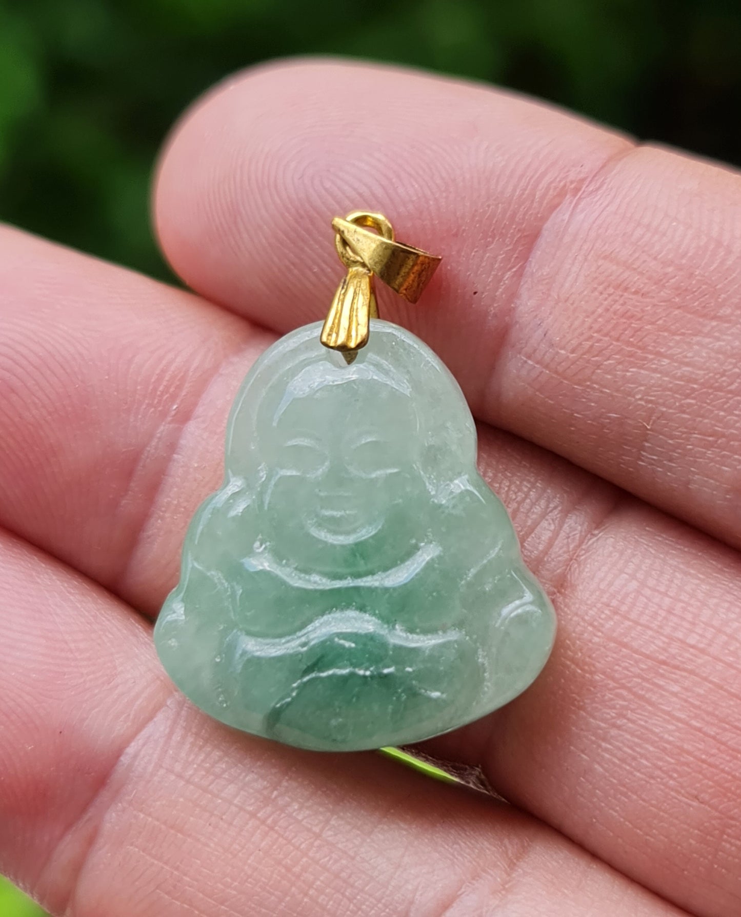 Natural Burmese Jadeite Jade Pendant – Icy Imperial Green – Hand-Carved Happy Buddha Motif – JHB001