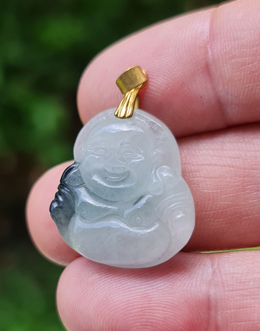 Natural Burmese Jadeite Jade Pendant – Icy Milky White & Black – Hand-Carved Happy Buddha Motif – JHB004