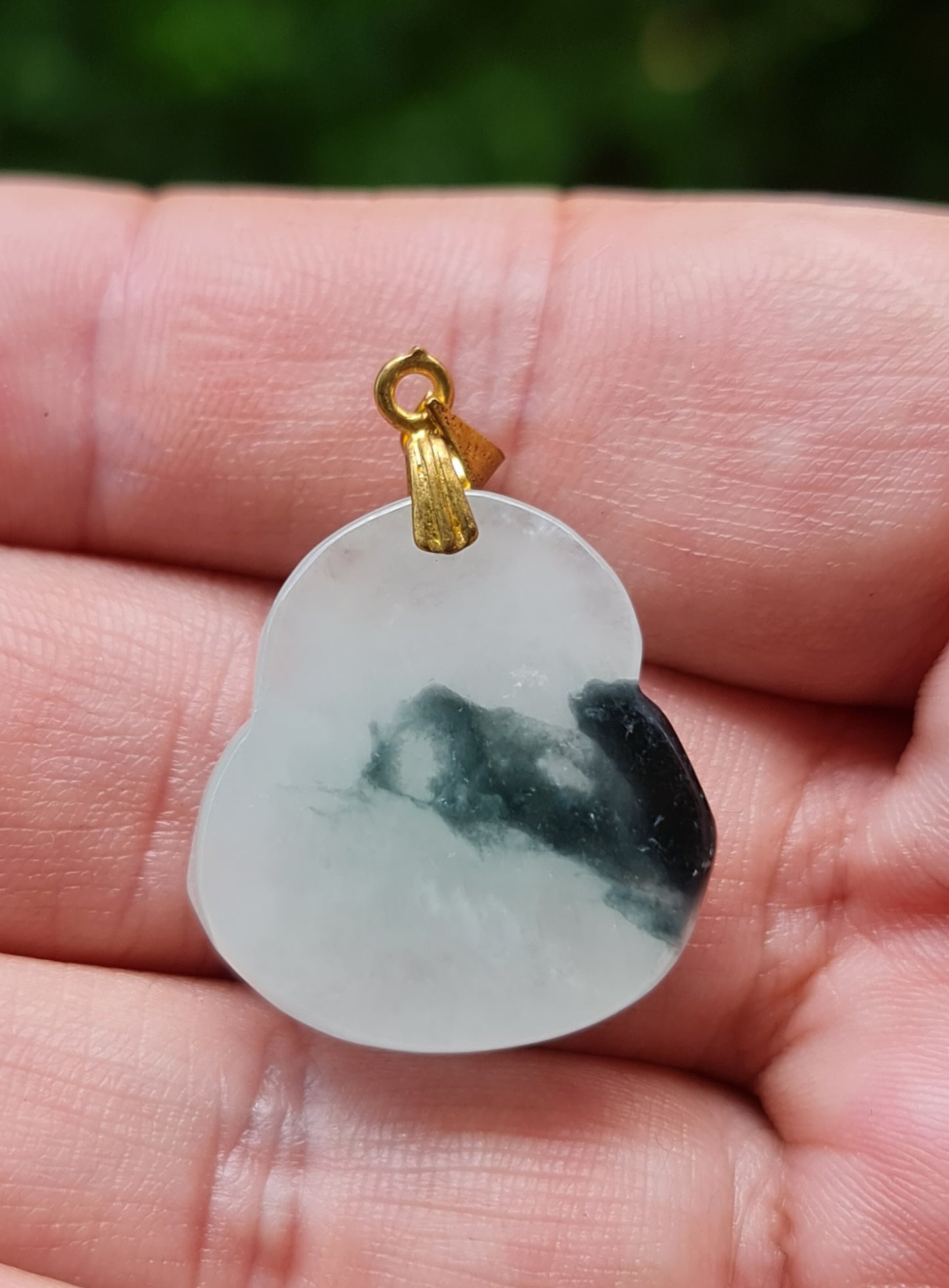 Natural Burmese Jadeite Jade Pendant – Icy Milky White & Black – Hand-Carved Happy Buddha Motif – JHB004