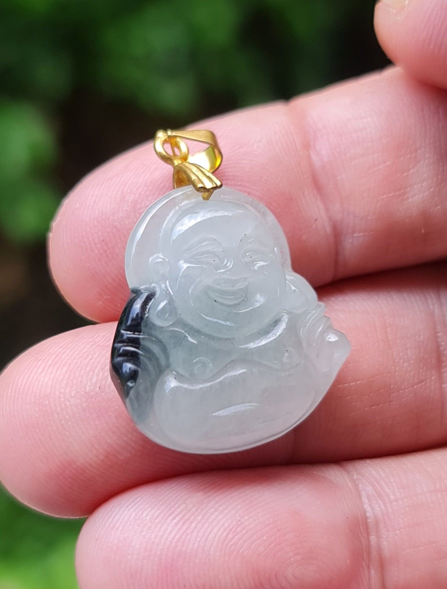 Natural Burmese Jadeite Jade Pendant – Icy Milky White & Black – Hand-Carved Happy Buddha Motif – JHB004