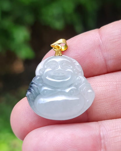 Natural Burmese Jadeite Jade Pendant – Icy Milky White & Black – Hand-Carved Happy Buddha Motif – JHB004