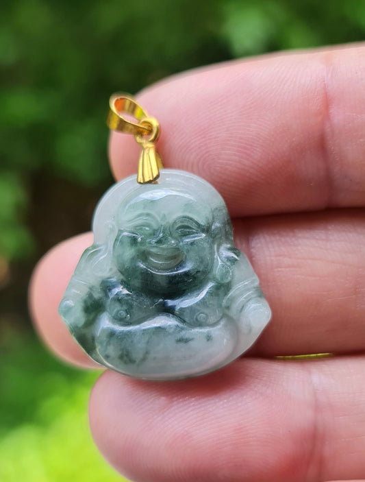 Natural Grade A Burmese Jadeite Jade Pendant – Icy Emerald & Apple Green – Hand-Carved Happy Buddha Motif – JHB005