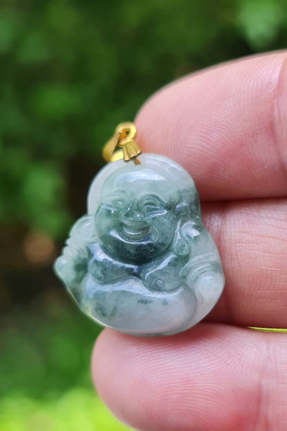 Natural Burmese Jadeite Jade Pendant – Icy Emerald & Apple Green – Hand-Carved Happy Buddha Motif – JHB005