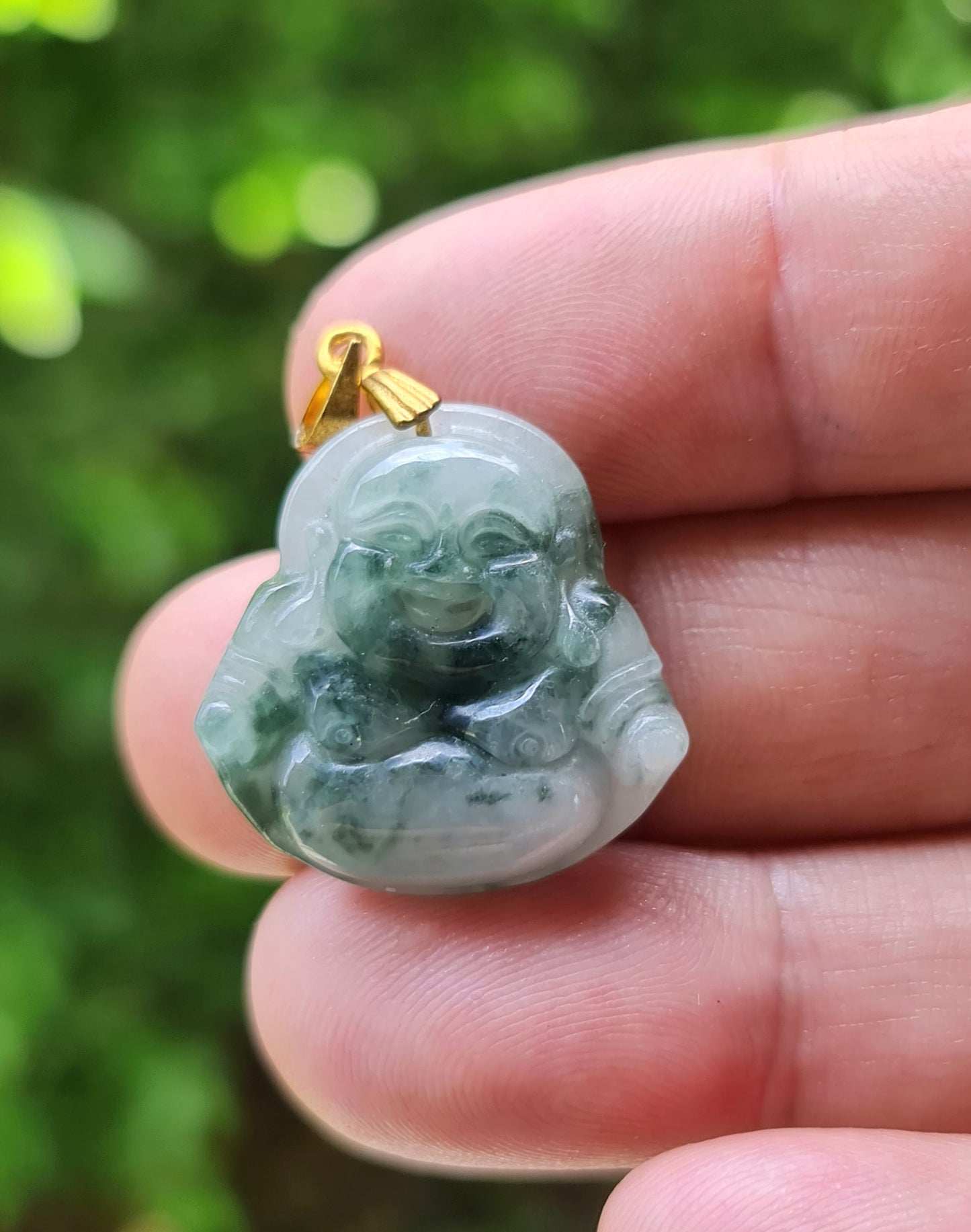 Natural Burmese Jadeite Jade Pendant – Icy Emerald & Apple Green – Hand-Carved Happy Buddha Motif – JHB005