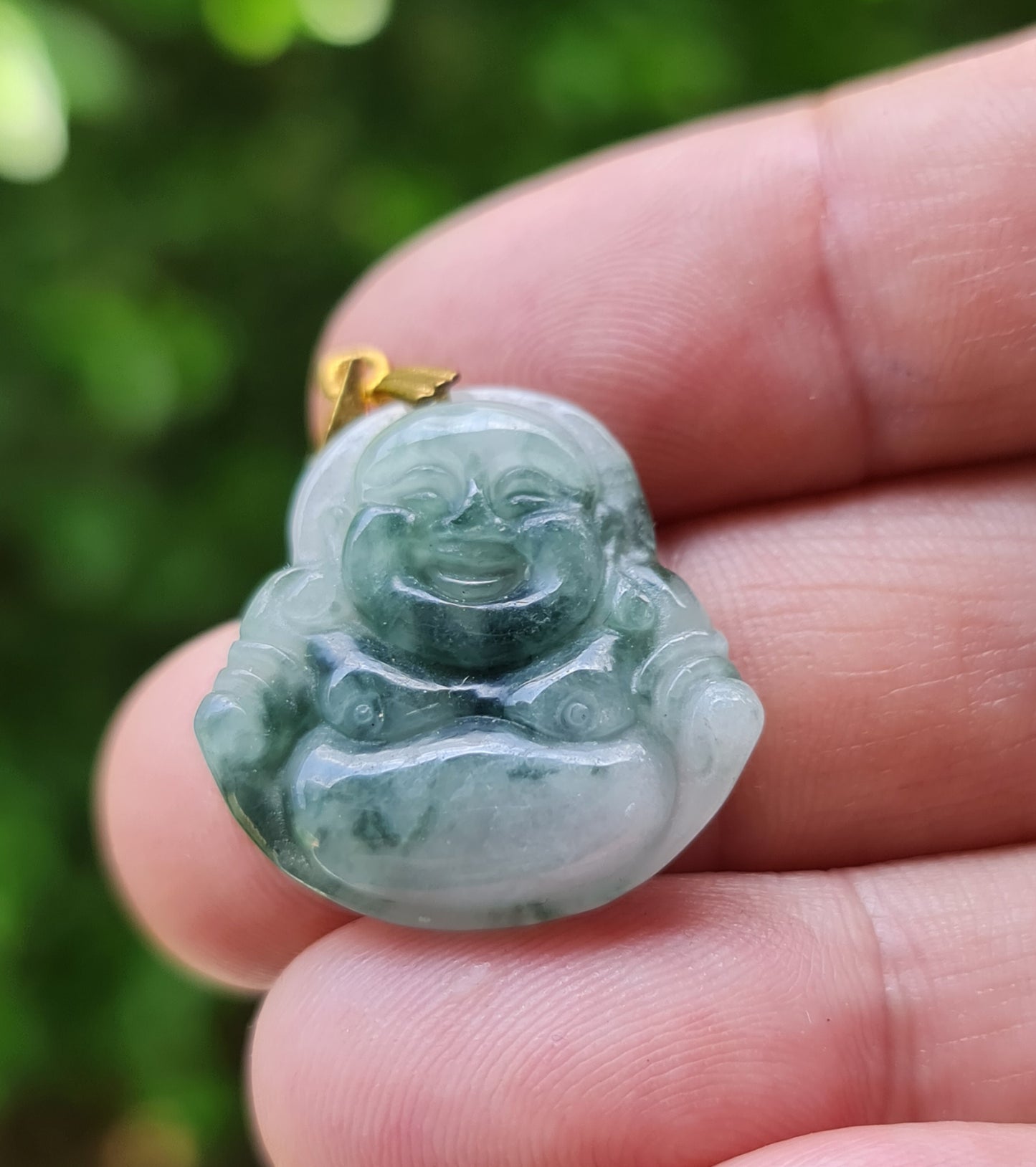 Natural Burmese Jadeite Jade Pendant – Icy Emerald & Apple Green – Hand-Carved Happy Buddha Motif – JHB005
