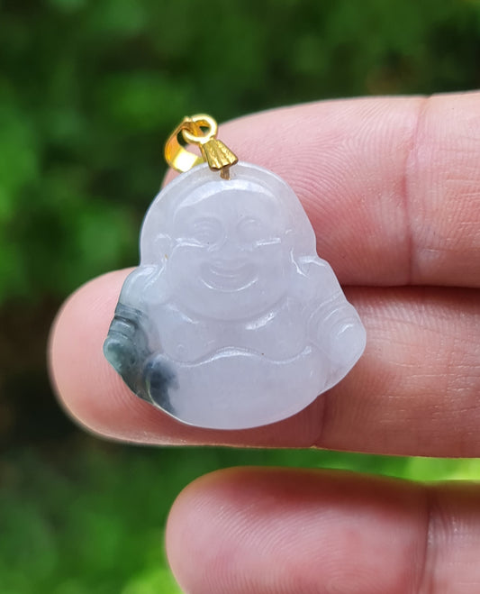 Natural Burmese Jadeite Jade Pendant – Icy Milky White & Emerald Green – Hand-Carved Happy Buddha Motif – JHB006